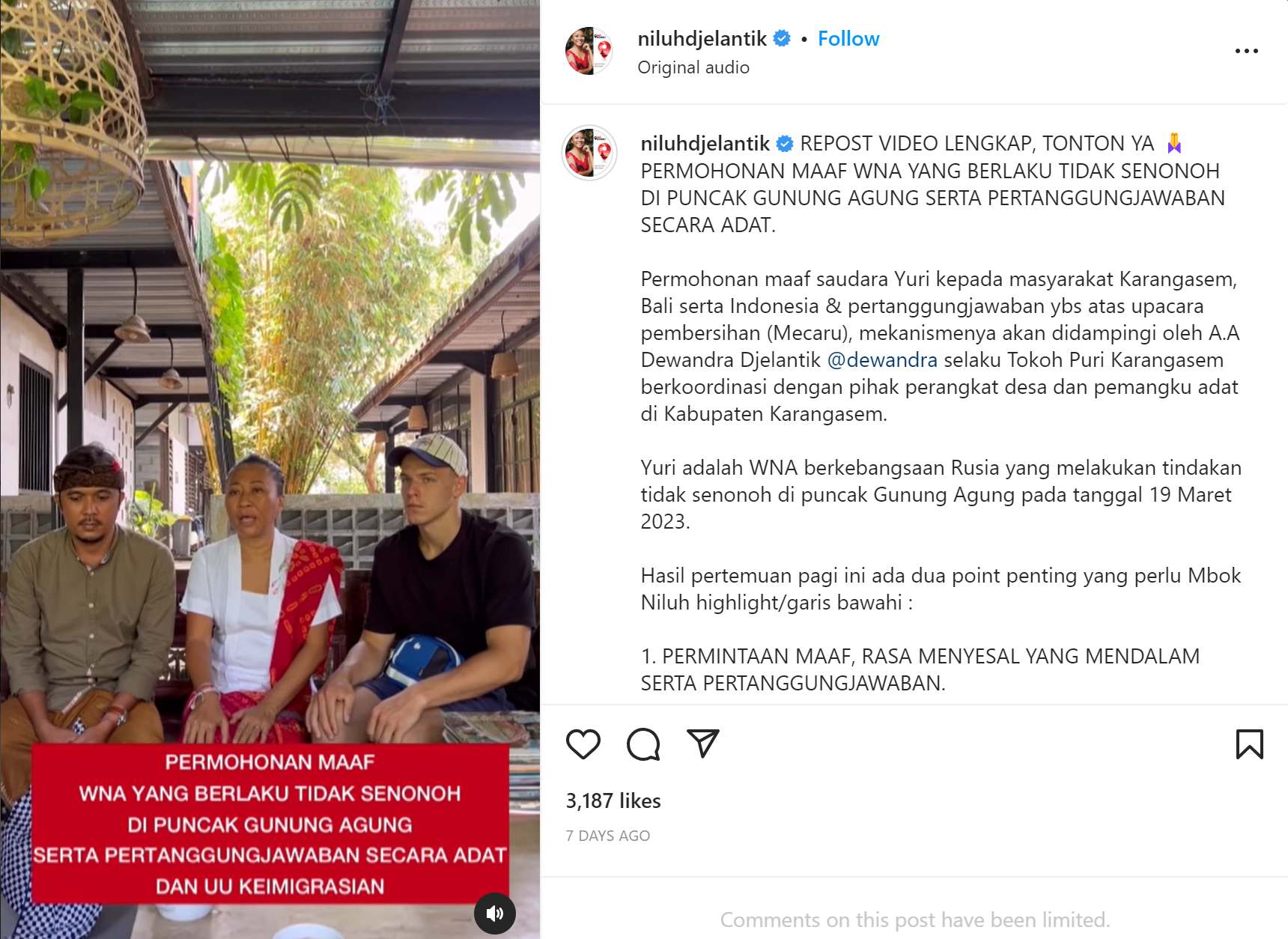 Turis Rusia menghadapi deportasi dari Indonesia setelah posting Foto Tak pantas saat di Bali